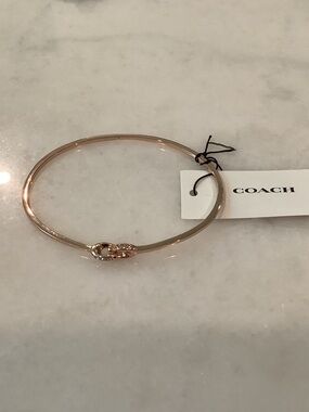 Coach Kissing C Hinged Rose Gold Pavé Toggle Slim Bangle Bracelet, Brand New
